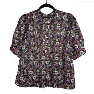 Talbots Petite Ruffle Neck Poppy Floral Print Blouse 100% Cotton Women's Size LP